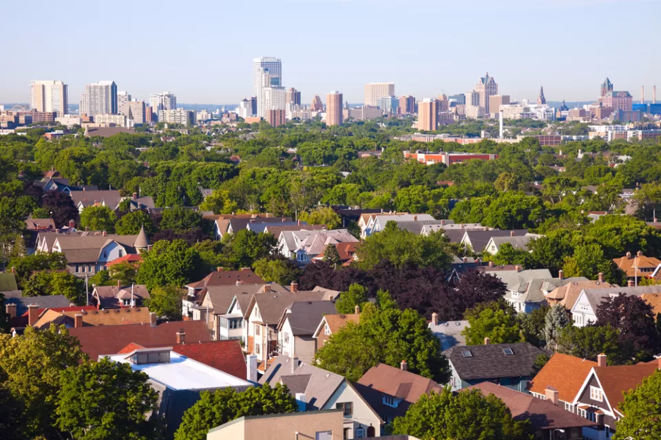 Aerial view of homes with downtown Milwaukee, Wisconsin in background